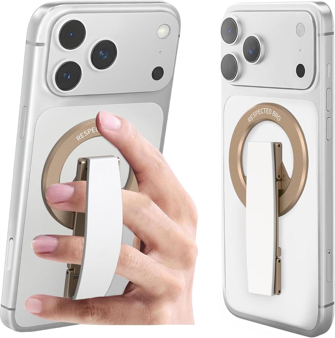 RESPECTED-BRO-Magnetic-Phone-Grip-Stand, Magnetic Phone Ring Holder Kickstand with Silicone Finger Strap, Compatibility for iPhone 17/16/15/14/13/12, Android, and More (White)