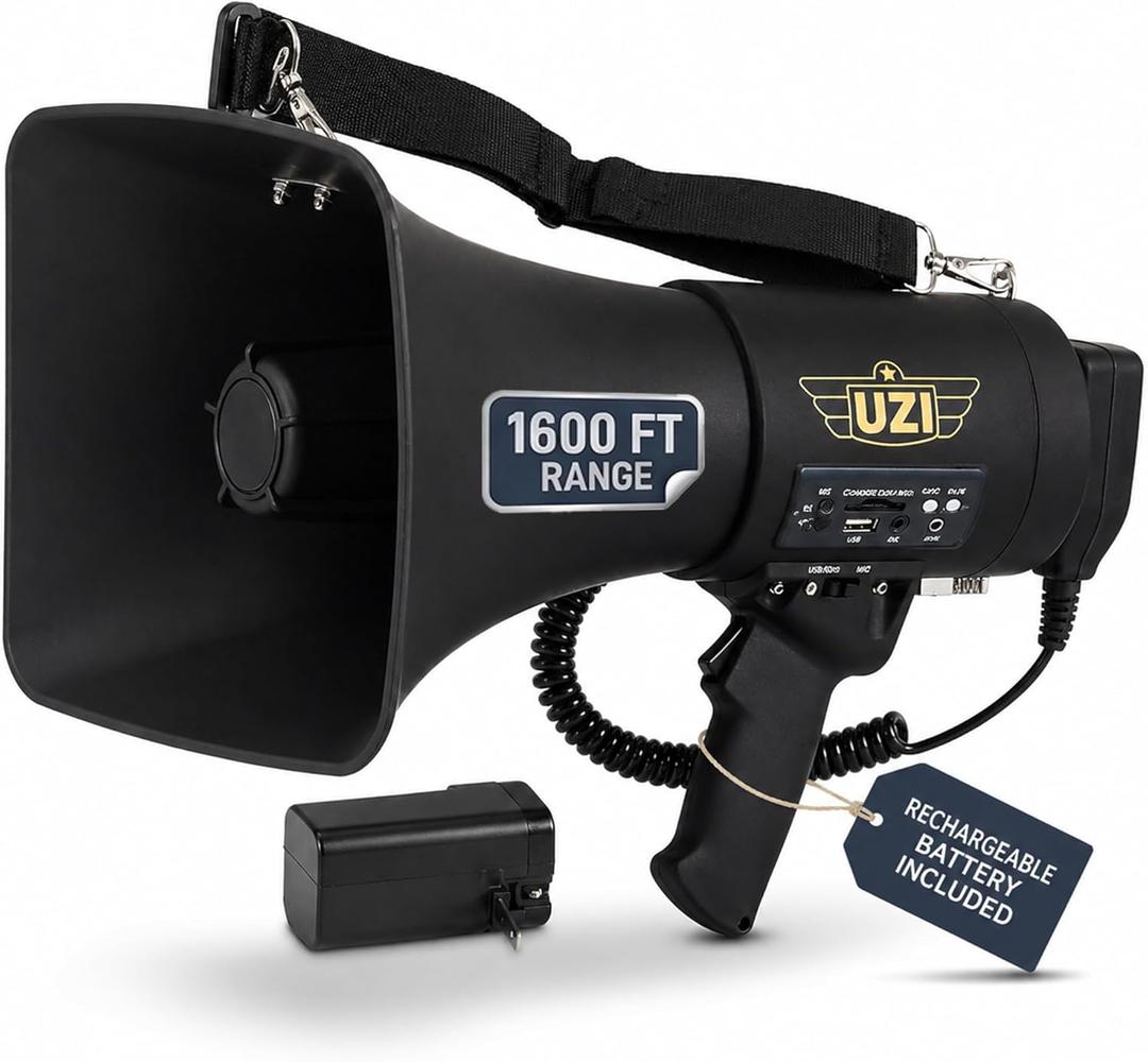 Uzi High Power Loud Big Bluetooth Megaphone 50W, Professional Bullhorn Megaphone Used by First Responders, Police & Agencies, Rechargeable Battery, PA System, Outdoor Activitie