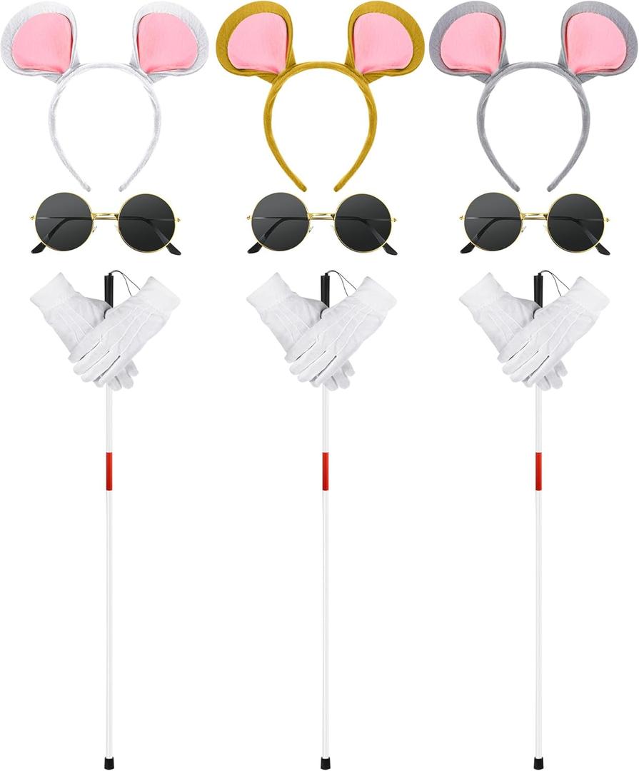 Liitrsh 12 Pcs Mouse Costume Accessories Set Mouse Headbands Round Sunglasses Folding Blind Cane White Gloves (Assorted Color Ear)