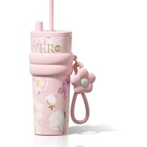 24 oz Stainless Steel Tumbler with Lid and Straw, Insulated Coffee Mug, Leak Proof, Portable Iced Travel Water Bottle, Reusable Thermal Coffee Cup, Floral Pink