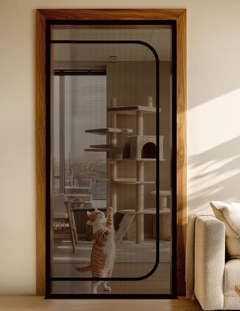 Cat Screen Door, Extra Tall Cat-Proof Mesh Gate, Fit Door Size 36'' x 82'', Anti Scratch Mesh with Zipper Closure, for Living Room, Kitchen, Bedroom (Black)