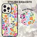 Fsoole for iPhone 15 Pro Case with Finger Strap Holder, Cute Colorful Floral Flower Print Pattern Design for Women Girls, Shockproof Anti Scratch Hand Kickstand Protective Cover, White