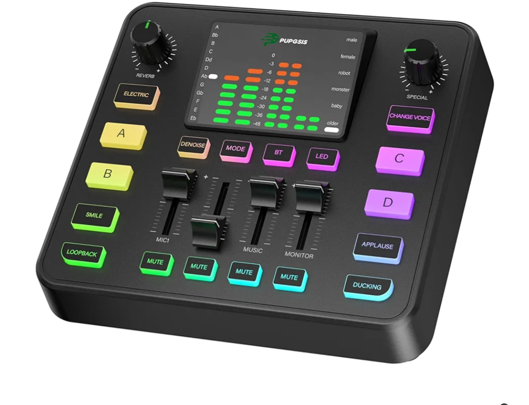 Pupgsis Gaming Audio Mixer, Audio Interface for pc,1/4" TRS Dynamic Mic interface,Sound Board With voice changer, Pro-Preamp, Noise Cancellation, RGB, Bluetooth For Streaming/Podcasting/Gaming