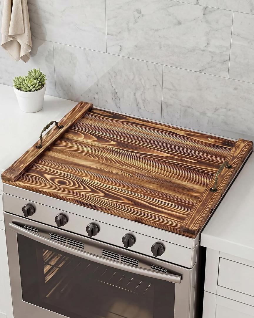 Natural Wood Noodle Board Stove Cover, Wooden Stove Top Cover for Electric and Gas Stove, Decorative Rustic Kitchen Serving Tray, 29.5"L x 22.1"W