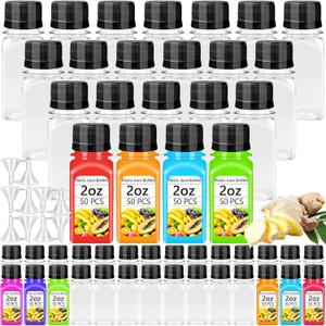 Qiuttnqn 50PCS 2oz Small Plastic Shot Bottles with Caps, Clear Empty Plastic Juice Bottles with 10 Funnels, Small Leak-Proof Juice Containers for Drink Milk Beer Coffee Liquid Beverages