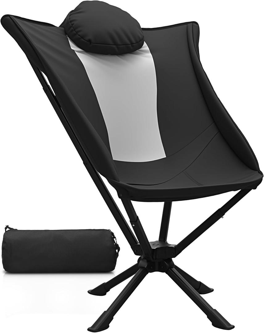 East Oak Swivel Camping Chair  High-Back Portable Folding Chair with Pillow, Sets Up in Seconds, Supports Up to 350 lbs, Compact Lightweight Backpacking Chair for Hiking, Beach, and Sports Events