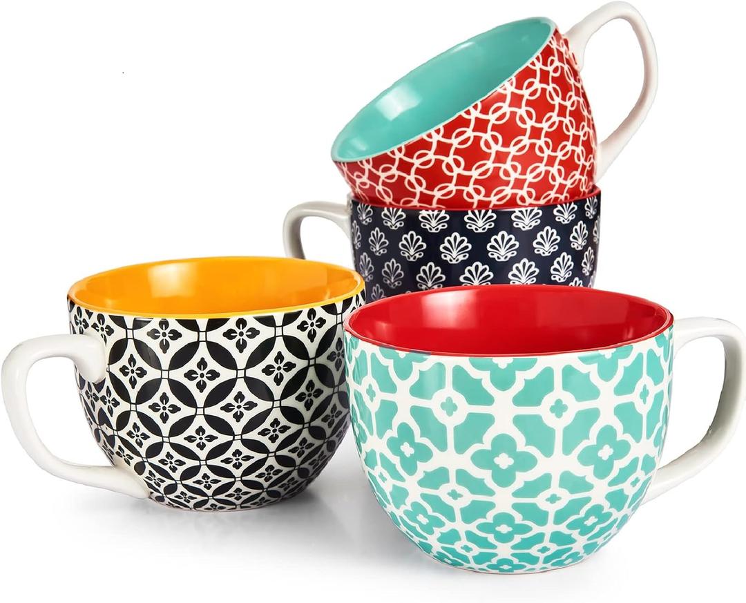 DOWAN Mosaian Soup Mugs, 24oz Large Coffee Mugs Set of 2, Soup Mugs With Handles, Ceramic Mugs for Soup/Coffee/Cereal/Latte, Thanksgiving and Christmas Gifts for Family and Friends (Vibrant Color)