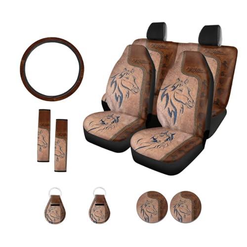 Suobstales Aztec Horse Print Car Seat Covers 11 Pcs American Tribal Car Accessories Interior Set Gifts Front Rear Split Seats Protectors with Steering Wheel Cover,Seatbelt Pads,Cup Holder,Keychain