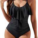 Edelqual Women's One Piece Tummy Control Swimsuits Full Coverage Swim Bathing Suit Slimming Modest Ruffle Swimwear (XX-Large, Black)