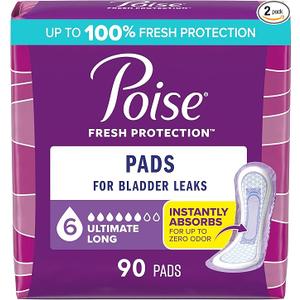 Poise Incontinence & Postpartum Pads for Bladder Leaks, 6 Drop Ultimate Absorbency, Long Length, 90 Count, Packaging May Vary
