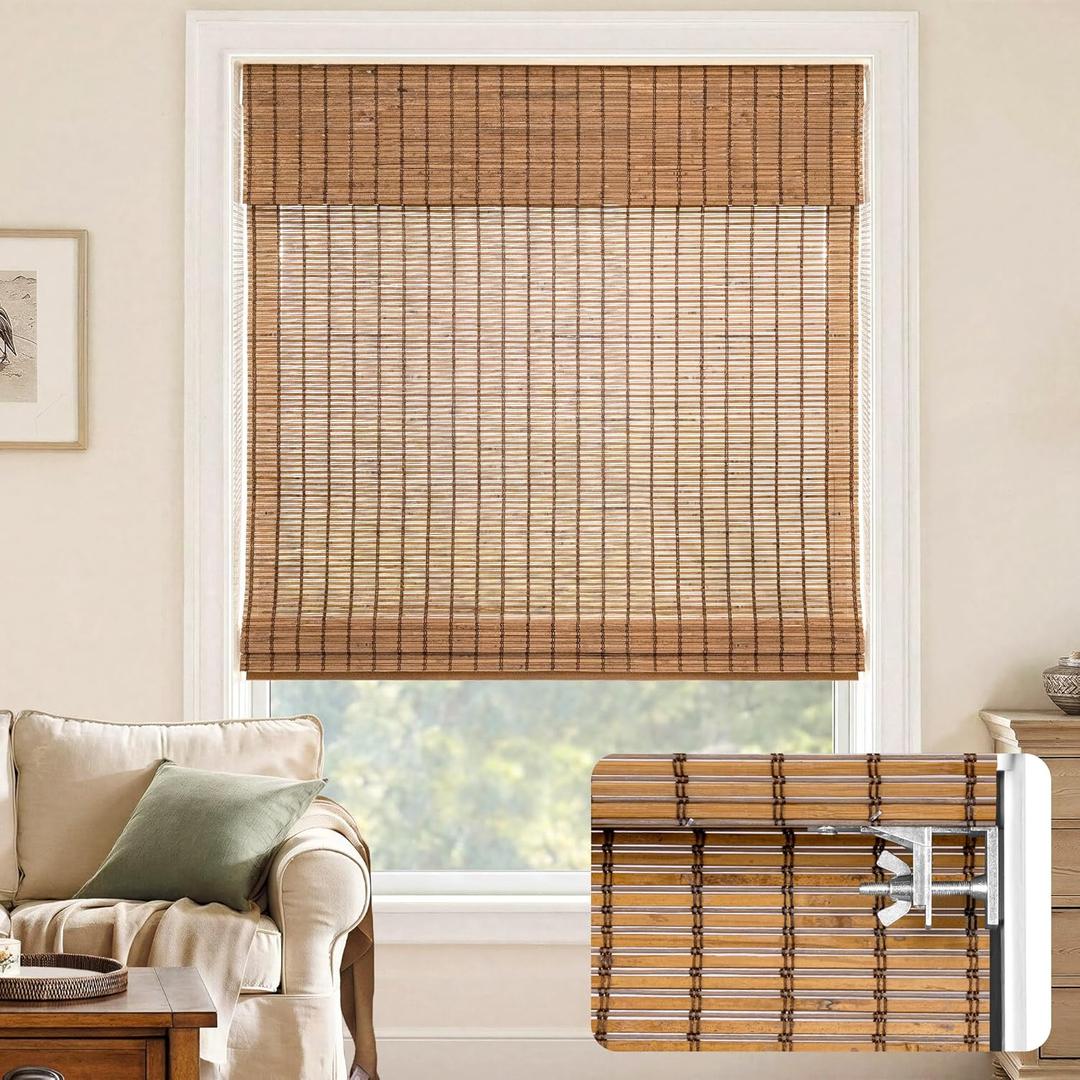 LazBlinds No-Drill Cordless Roman Shade - Light Filtering Natural Wood, Easy Install Bamboo Blind for Windows 29" W x 48" H, Malay Umber