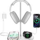 TopMade Airpod Max Charger Stand with 15W Wireless Charger, 4 in 1 Headphone Stand Headset Holder for AirPods Max/Pro/iWatch/Vision Pro, iPhone 17/16/15/14/13/12/11/X for Desktop Gaming Holder, White