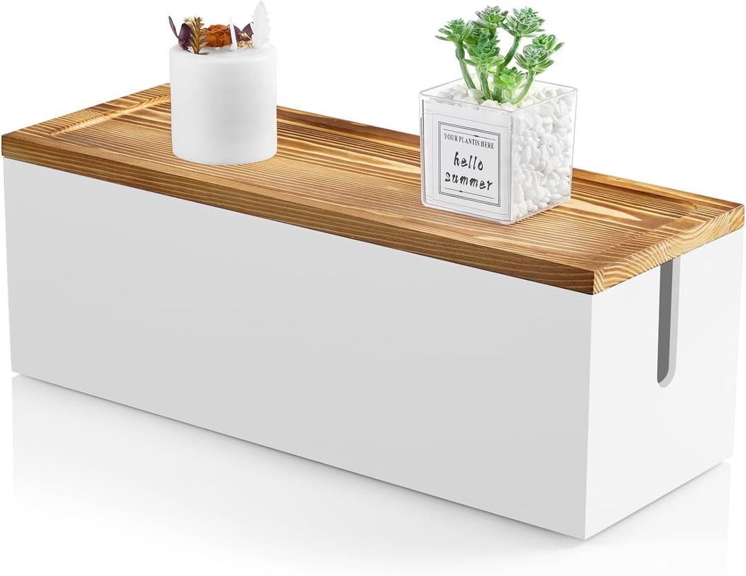 Large Cable Management Box, Wooden Cord Organizer Box for Under Desk TV Computer Router USB Hub to Cover and Hide Extension Cords Power Stripes Surge Protectors Chargers Wires, White