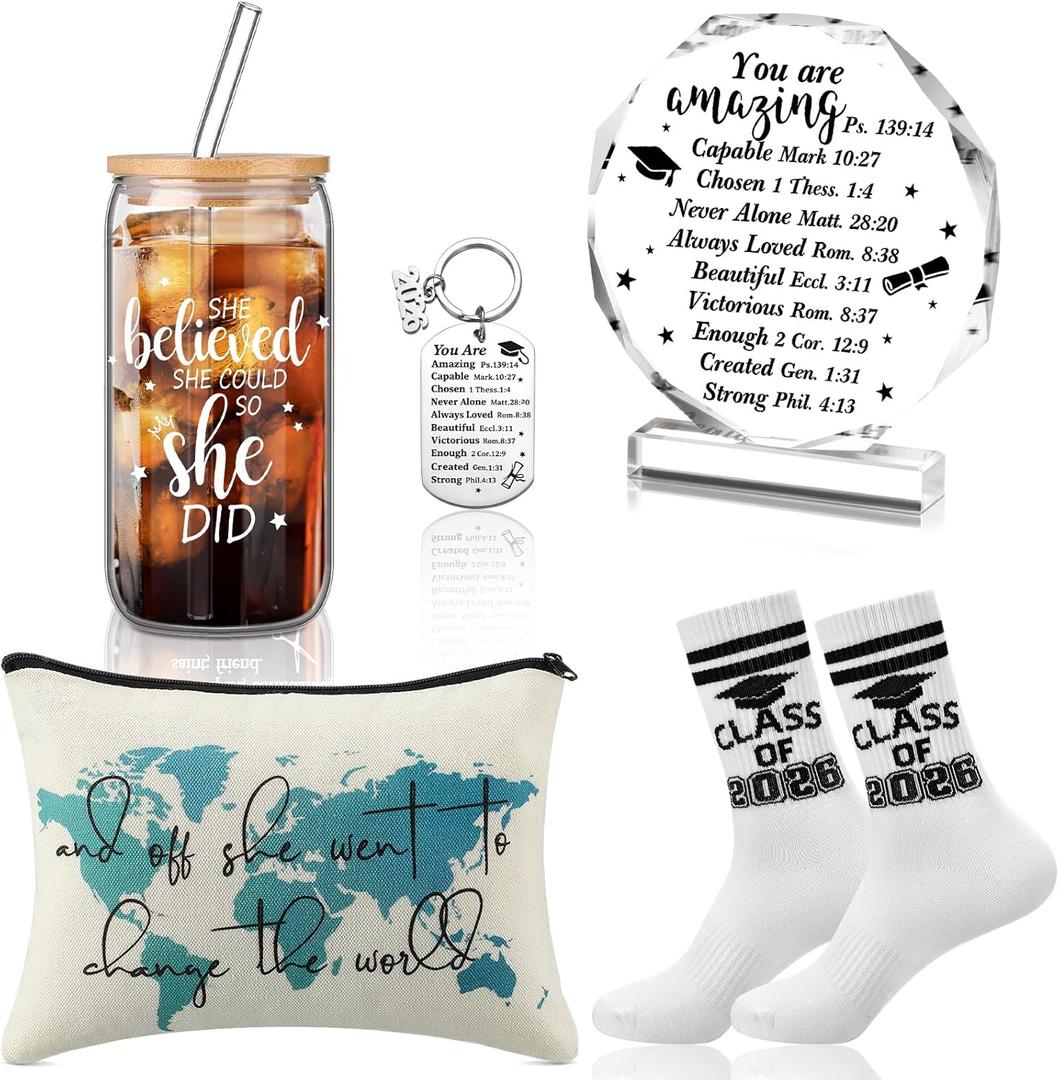 5 Pcs Graduation Gifts Set for Her Class of 2026 Congrats Grad Gift with Makeup Bag Sock Keychain Coffee Glass She Went to Change The World Positive for Senior High Friend Roomate Women Sister