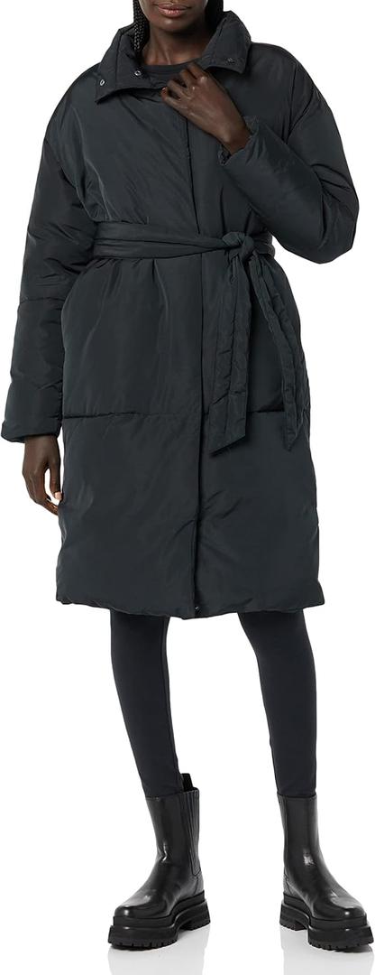 Daily Ritual Women's Padded Belted Puffer Jacket,  Black Large
