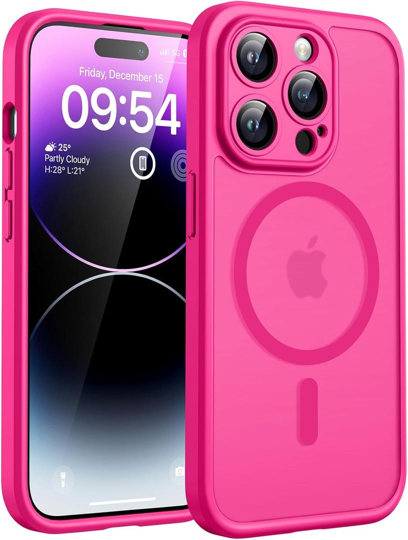 TOCOL Magnetic for iPhone 14 Pro Case, Upgraded Full Camera Protection, Compatible with Magsafe, Drop Protection, Translucent Matte Back Bumper Phone Cover 6.1-Inch (Hot Pink)