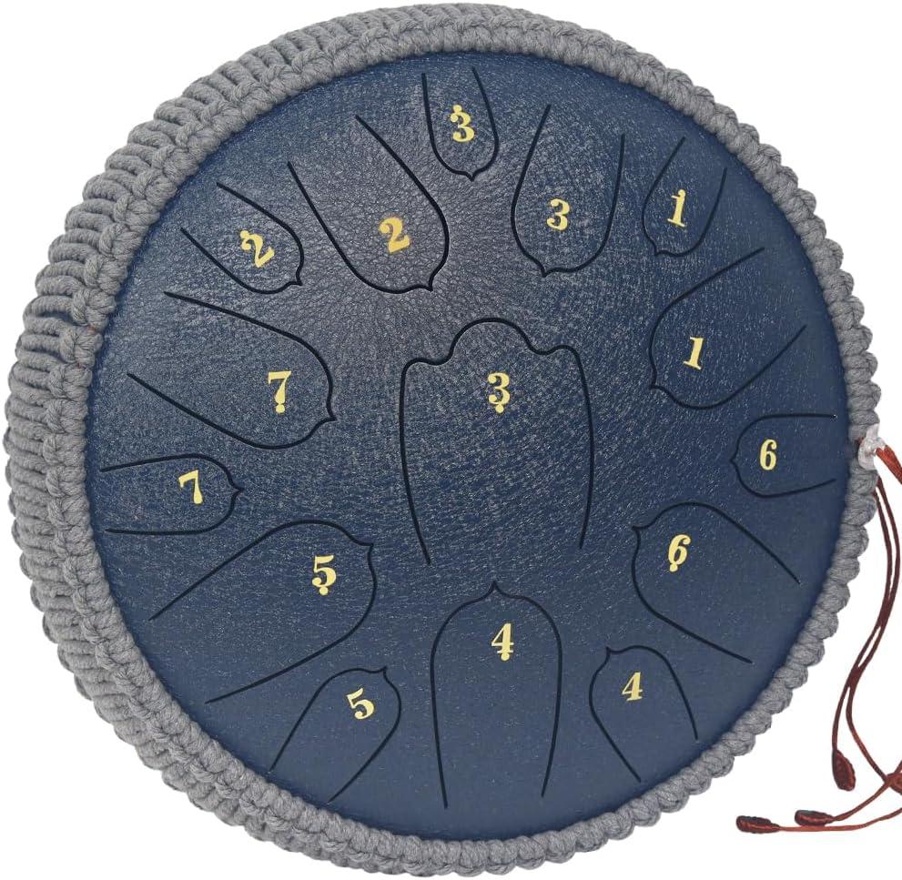 Steel Tongue Drum 12 Inches 15 Notes Musical Instruments, D Major Percussion Instrument with Soft Bag, Music Book and 2 Mallets for Meditation (blue)