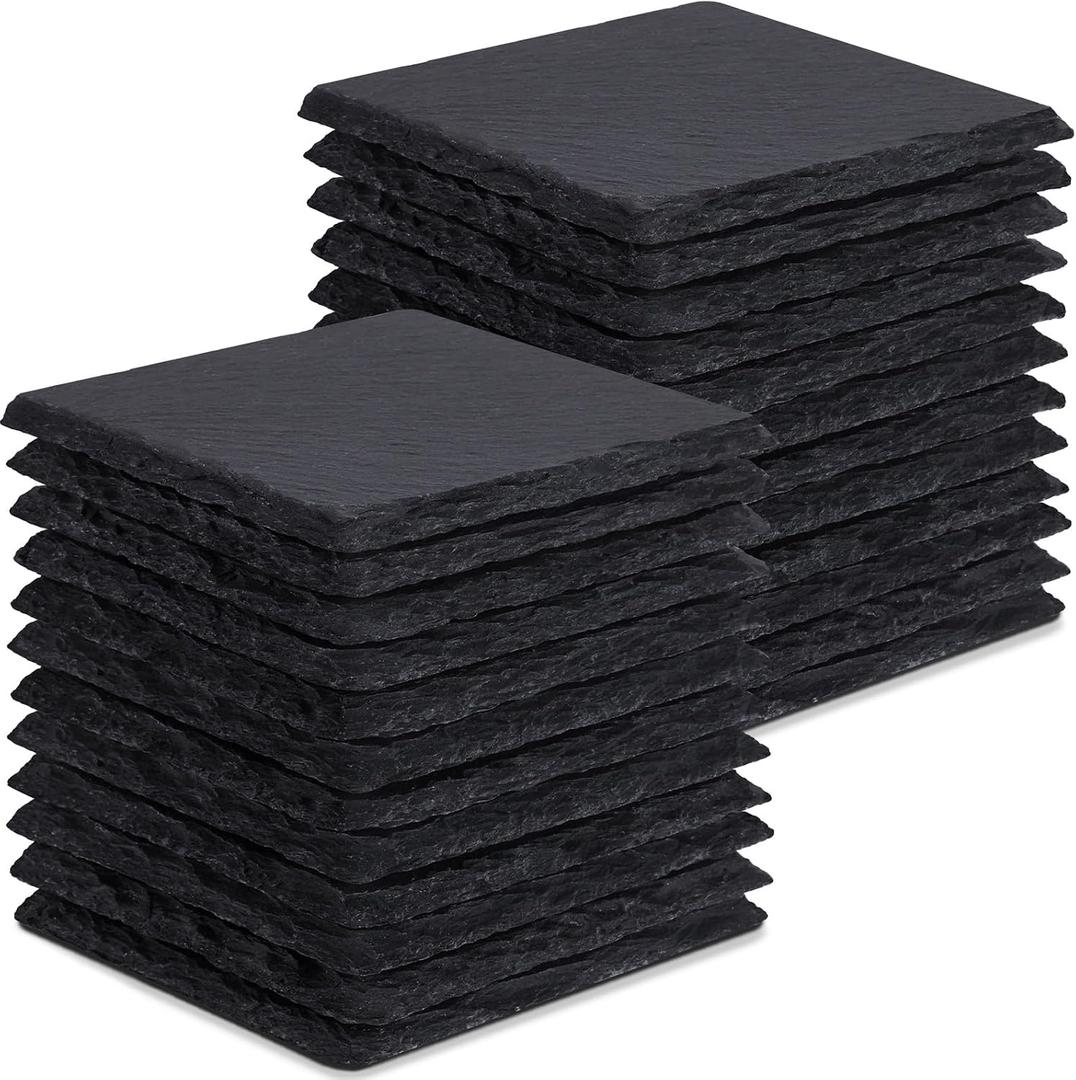 24 Pieces Slate Drink Coasters, GOH DODD 4 Inch Black Coasters Stone Coaster Set, Laser Engraving Blanks with Anti-Scratch Bottom for Home Office Kitchen Housewarming Gifts Wedding Party, Square
