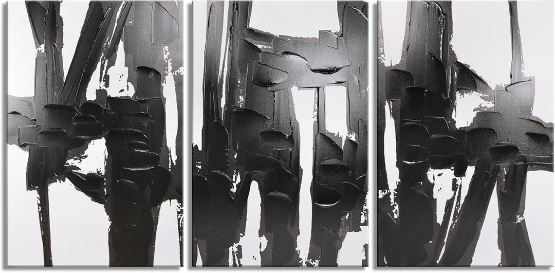 Pinetree Art 3 Panels Black and White Abstract Canvas Wall Art Prints 3D Textured Painting for Living Room (Large)