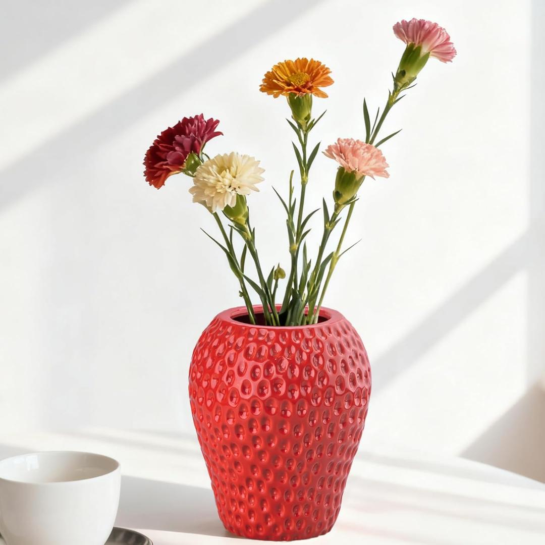 Strawberry Vase, Cute Red Ceramic Vase for Flower, Small Fresh Vases for Centerpieces, Strawberry Shaped Planter Pot for Strawberrys Party