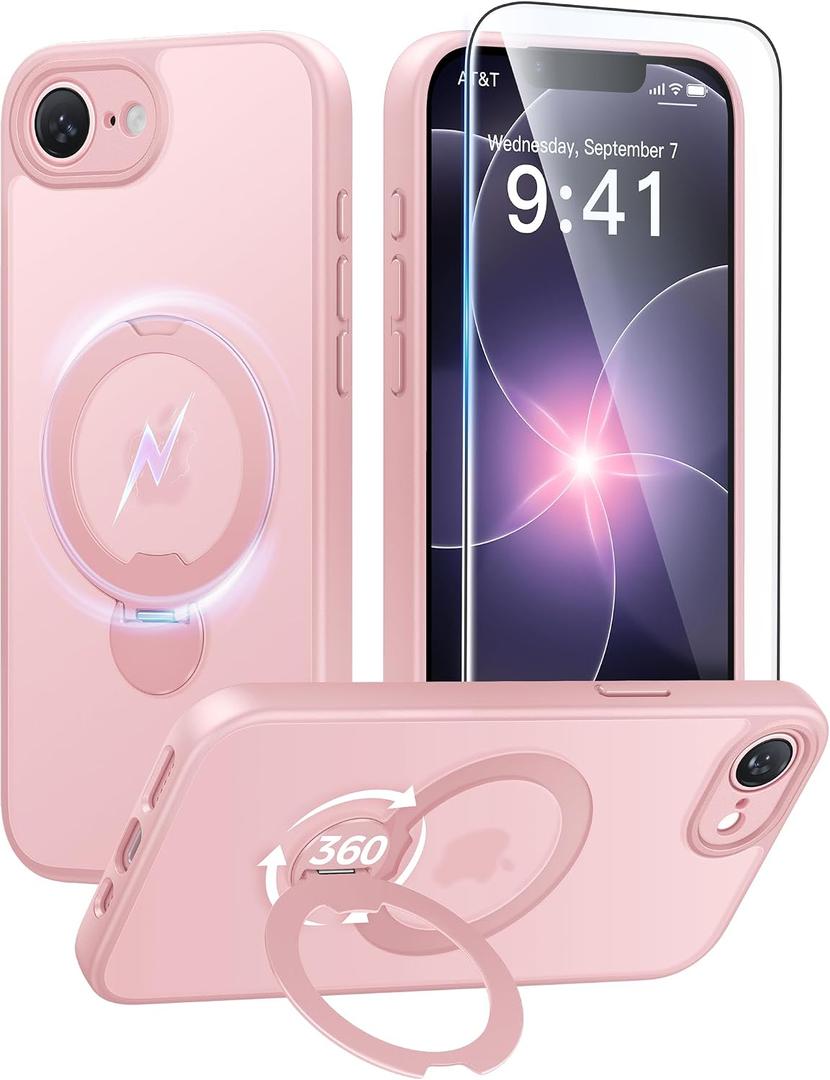 FNTCASE for iPhone 17e Case: iPhone 16e Phone Case [360 Spin Magnetic Stand] [Compatible with Magsafe] [Screen Protector] Translucent Matte Military Grade Shockproof Protective Phone Cover Pink