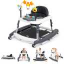 5-in-1 Music and Lights Baby Walker Foldable with 5 Adjustable Heights, Baby Walker with Wheels and Bouncer Combo Portable, Infant Toddler Walker for Baby Boy Girls 6-18 Months (Grey and white)