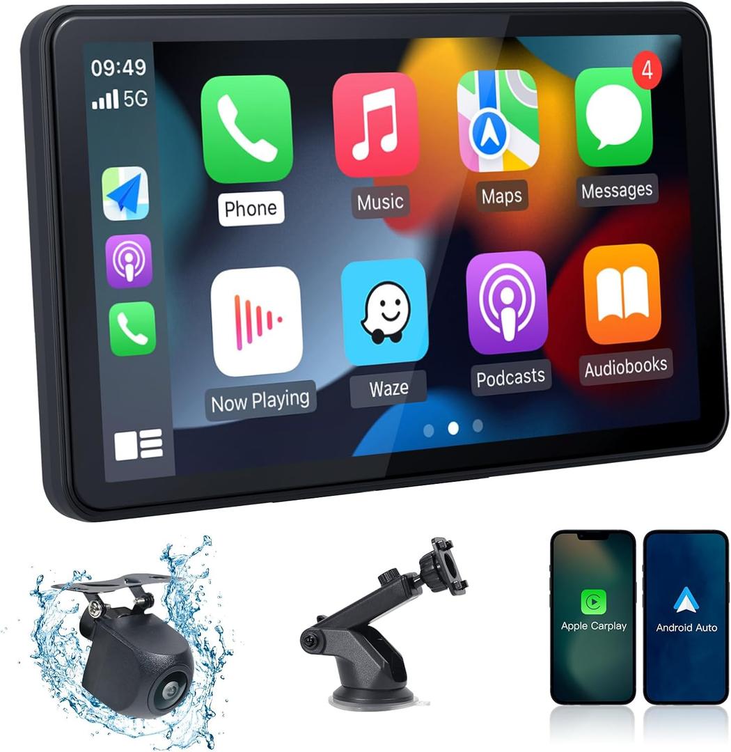carplay Screen for car 9 Portable Android Screen - with Mirror Link, Bluetooth 5.2, Backup Camera, AUX,FM Transmitter for All Vehicle