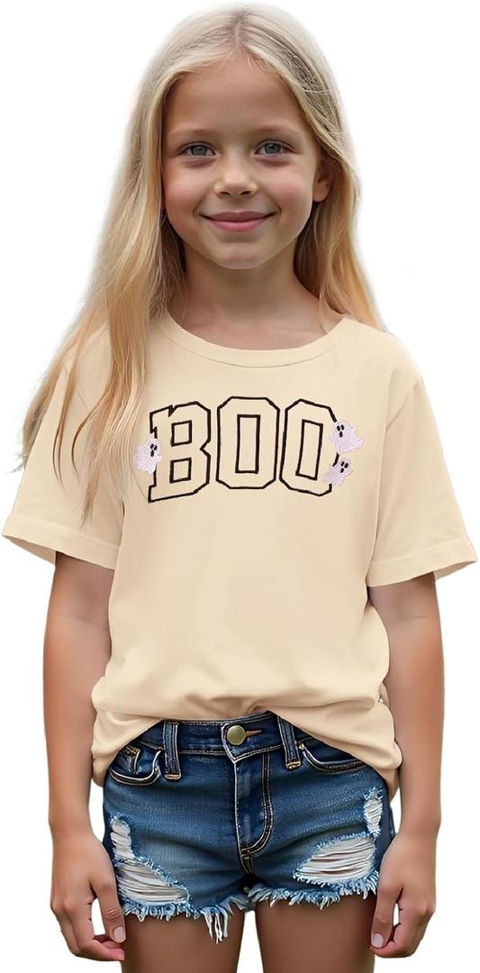 Halloween Shirts for Girl Boy Embroidered Boo Ghost Graphic T-Shirt Kids Funny Spooky Season Short Sleeve Tee Tops (9-10 Years)