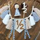 Half Birthday Boy Decorations,Blue 1/2 Birthday High Chair Banner With Cone Hat And Half Cake Topper,Half Way To One Decorations Kit For Baby Boy,Happy 6 Month Party Photoshoot Props