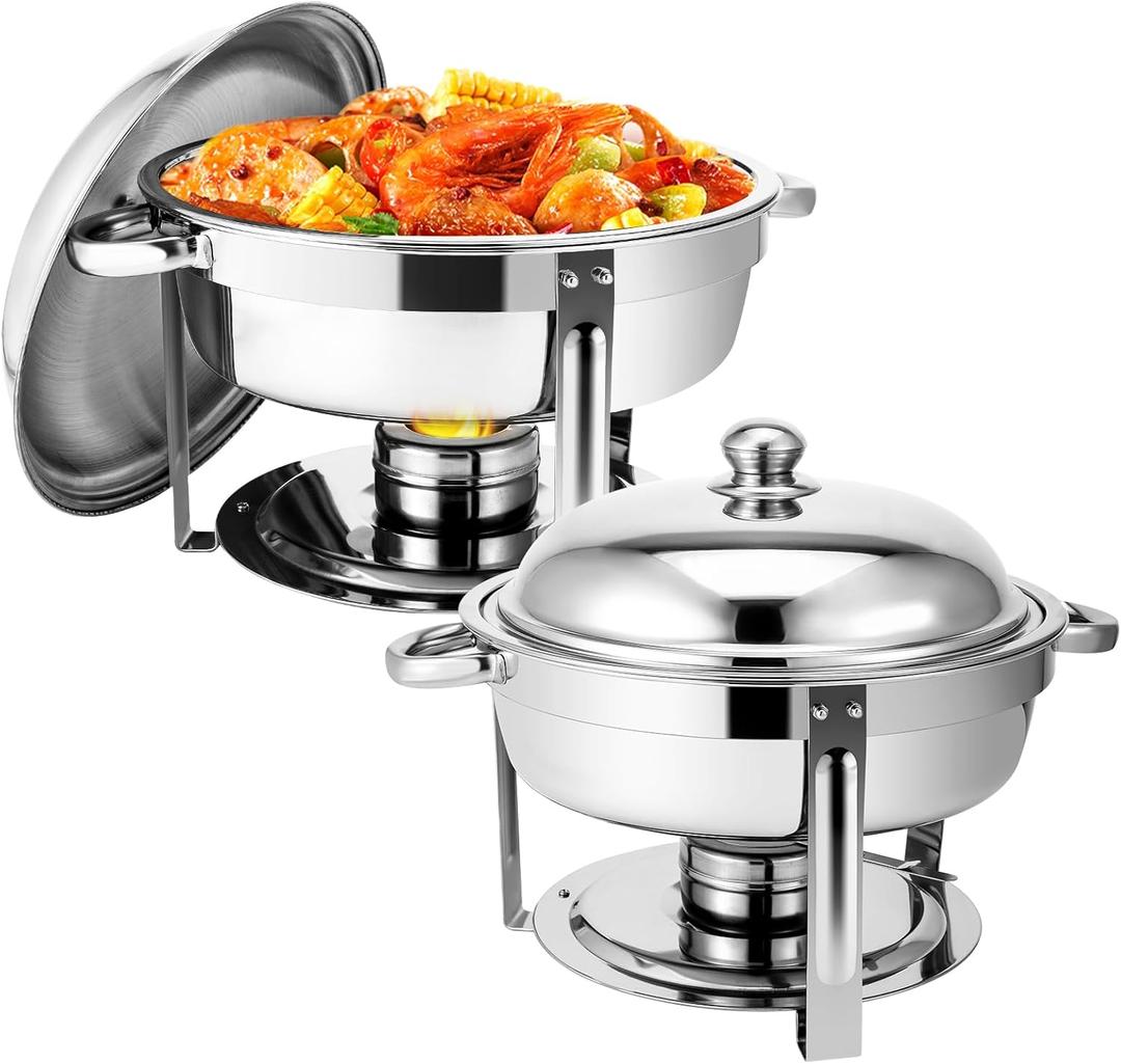 2 Pack 5QT Chafing Dish Buffet Set, Round Chafers for Catering with Lids, Stainless Steel Buffet Servers and Warmers Set, Food Warmer for Parties Weddings Catering and Dinners (2Pack-Stainless steel)