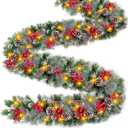 9 Ft Prelit Christmas Garland with Lights 8 Modes Timer 270 Branch's Cedar Snowy Bristle 70 Berry 10 Pinecone Waterproof Battery Operated Christmas Decoration Indoor Outdoor Holiday Decor Mantle Stairs