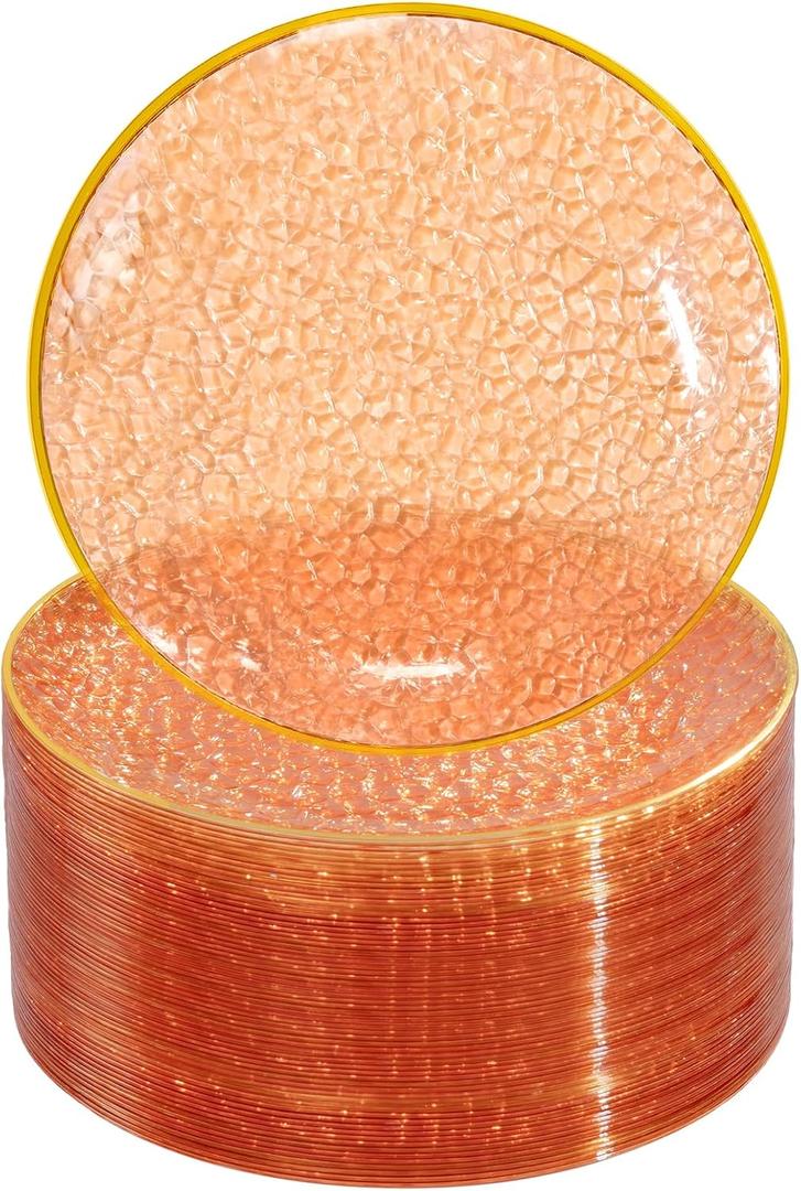 Rubtlamp 100 Pcs Clear Orange Gold Plastic Plates, Hammered Orange Party Plates,Heavy duty Dessert Plates,Disposable Salad/Dessert Platos,Clear Gold Plastic Platos 7 Inch for Party
