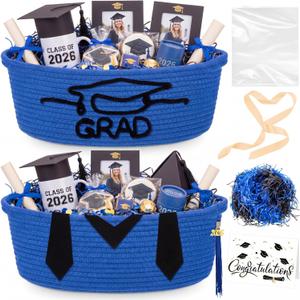 Colingmill 2 Pack Class of 2026 Graduation Empty Gift Basket 14''x10''x5.5'' Woven Rope Basket Empty to Fill with Grad Design Bag Ribbon Card Tassel, Decorative DIY Congrat Gift(Royal Blue and Black)