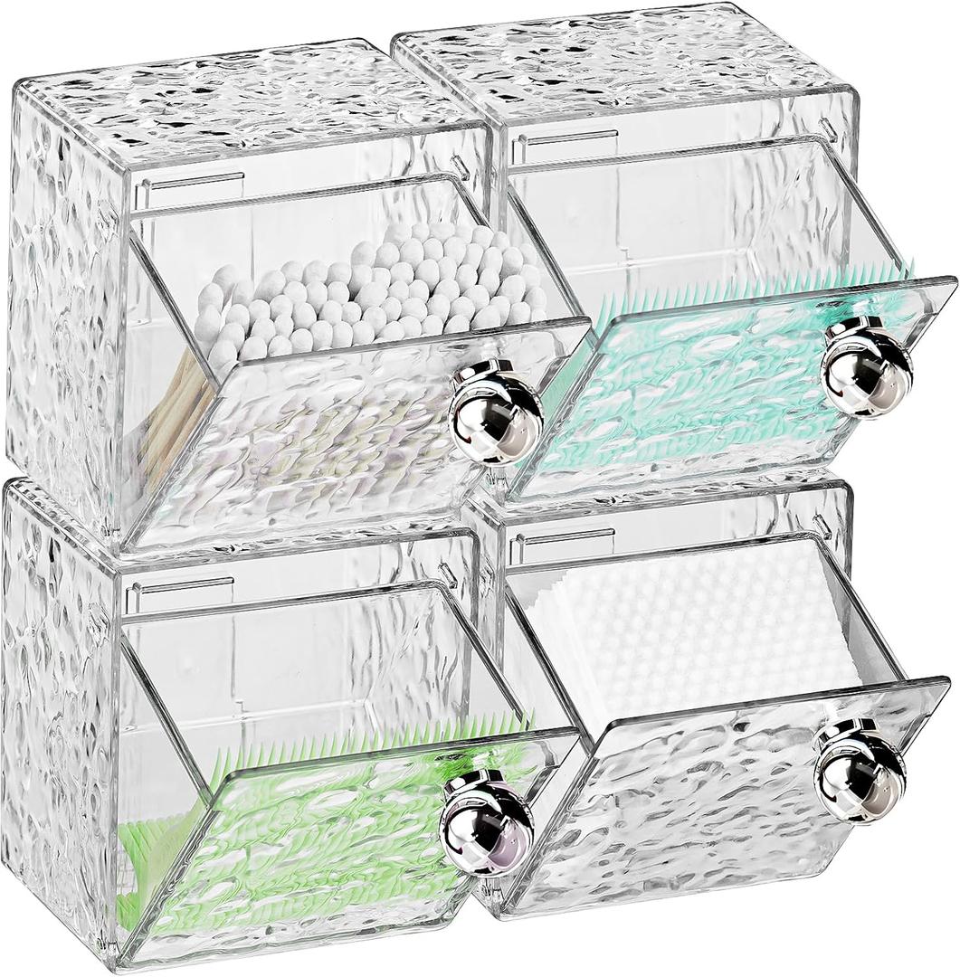 Qtip Holder Dispenser, Wall Mounted Plastic Cotton Pad Holder, Cotton Ball, Swabs, Floss, Makeup Organizers Containers for Vanity Bathroom (Clear, 4 Pcs)