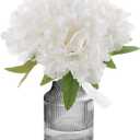 Fake Flowers in Vase,11" Small Full Silk Hydrangea Artificial Flowers Arrangment for Bathroom Bedroom Office Desk Decor White Faux Flower Decor (White in Black Vase)