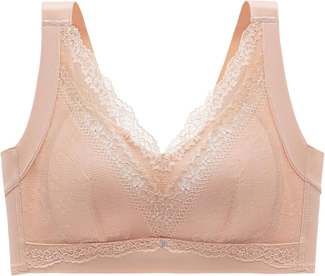 ONLYSTORY Women's Lace Wireless Bras Comfort Soft Full Coverage Bralettes No Underwire Tshirt Everyday Sleep Bra Nude, XL