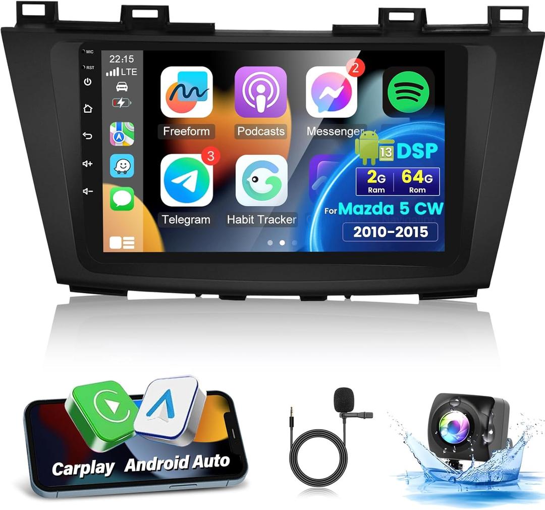[2+64G] Car Radio for Mazda 5 CW 2010-2015 - Wireless Carplay and Android Auto - 9 Inch Touch Screen Android Car Stereo with DSP/Multiple UI/WiFi/GPS/SWC + AHD Backup Camera