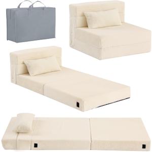 Tiita Folding Sofa Bed Floor Mattress for Kids, Glow Tri Folding Mattress Kid Fold Up Sofa Futon Fold Chair Beds, Child Foldable Mattress Floor Beds Fold Couch for Playroom, Plush Beige