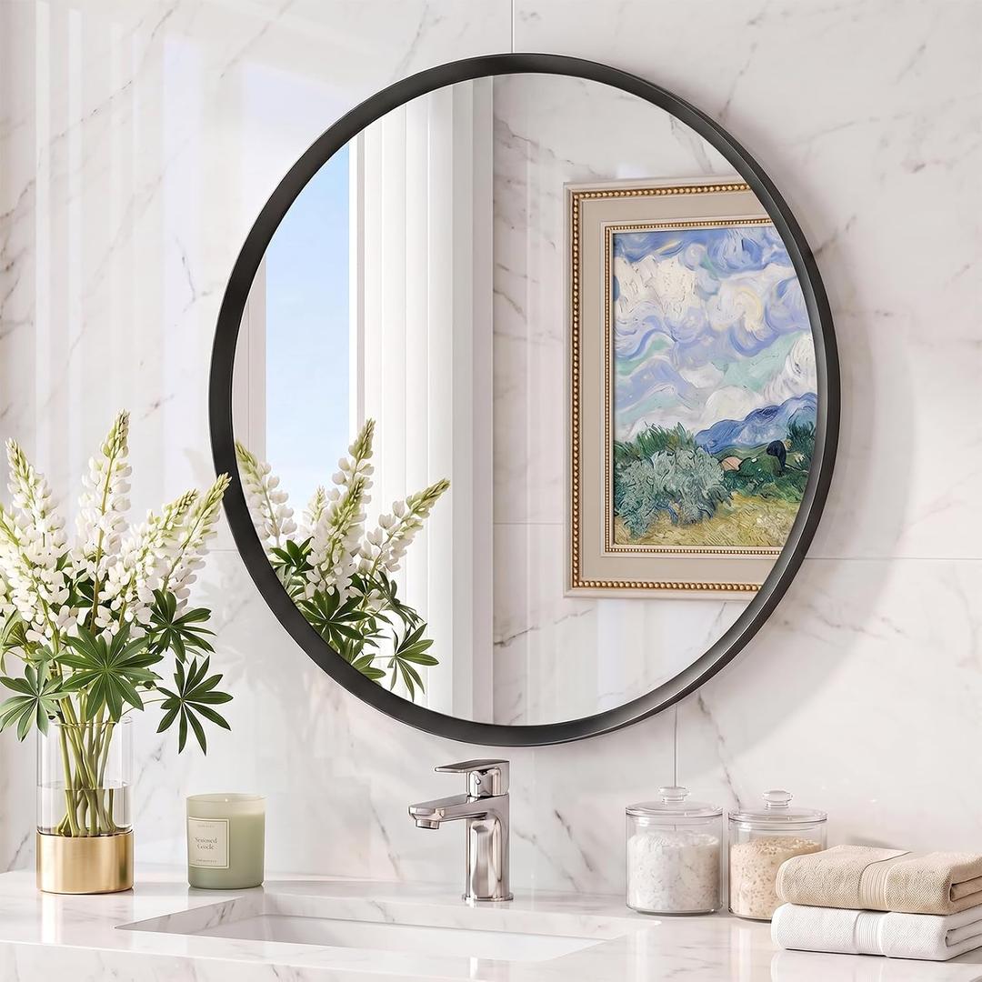 24 inch Black Round Bathroom Mirror,Circle Mirror