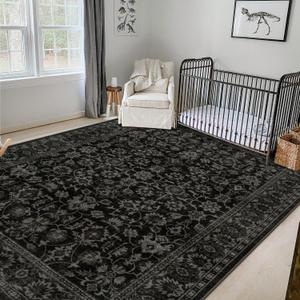 LIVEBOX Washable Area Rug 8x10 - Large Black Boho Living Room Rug Vintage Rugs for Bedroom, Non-Slip Retro Floral Carpet Print Distressed Accent Rugs for Dining Room Home Office