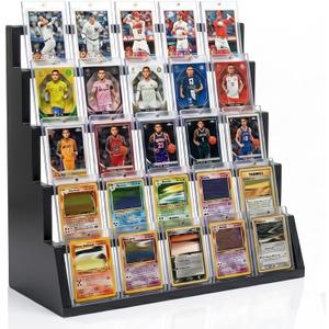 5 Tier Wooden Card Display Stand – Vertical Card Holder Display for Trading Cards, Game Cards, Sports Cards, Graded PSA/BGS/SGC, Baseball, Basketball&Football(Soccer) Card Stand, Desk & Shelf Organize,Black