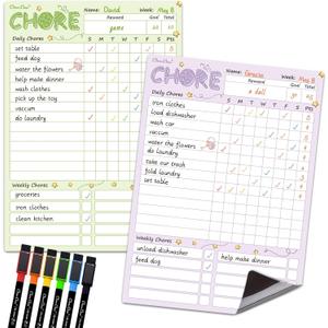 Magnetic Dry Erase Chore Chart - 8.5"x12" Behavior Responsibility Chore Board for Kids, Teenagers - 6 Extra Fine Point Markers Included - Shipped Flat 2 Pcs