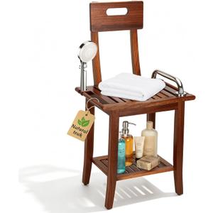 Shower Stool with Shelf and Handrails, Solid Water-Resistant Teak Shower Stool, Easy to Assemble, 300 lbs Capacity, 18.5 Inches, Ideal for Seniors, Kids & Those with Mobility Needs