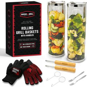 AVIEUS Grill Rolling Grill Basket | Rolling Grilling Baskets for Outdoor Grilling 2 Pcs | Barbecue Grill Set with BBQ Gloves | Portable Camping Net Rack Perfect for Vegetables, Seafood & Meat
