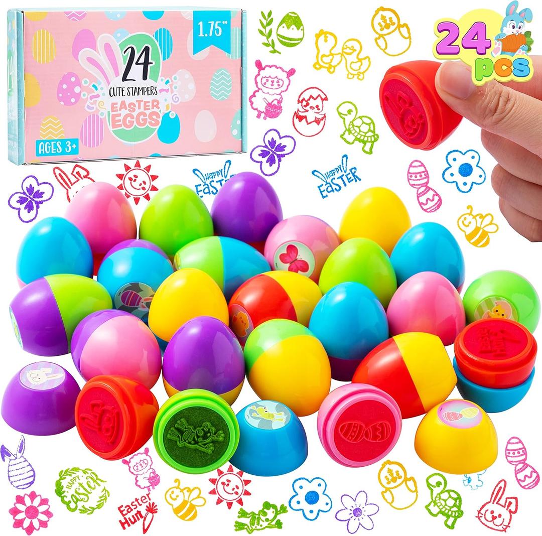 JOYIN 24Pcs Easter Egg Stampers Toys for Easter Eggs Hunt Game, Basket Stuffers Fillers, Kids Party Favor, Assorted Self-ink Stamp for Classroom Exchange and Prize Supplies Gifts