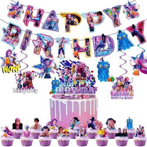 23 Pcs Anime Party Decorations, Cute Cartoon Happy Birthday Decorations, Includes 1 Birthday Banner, 6 Suspension Decor, 1 Cake Topper, and 15 Dessert Toppers.