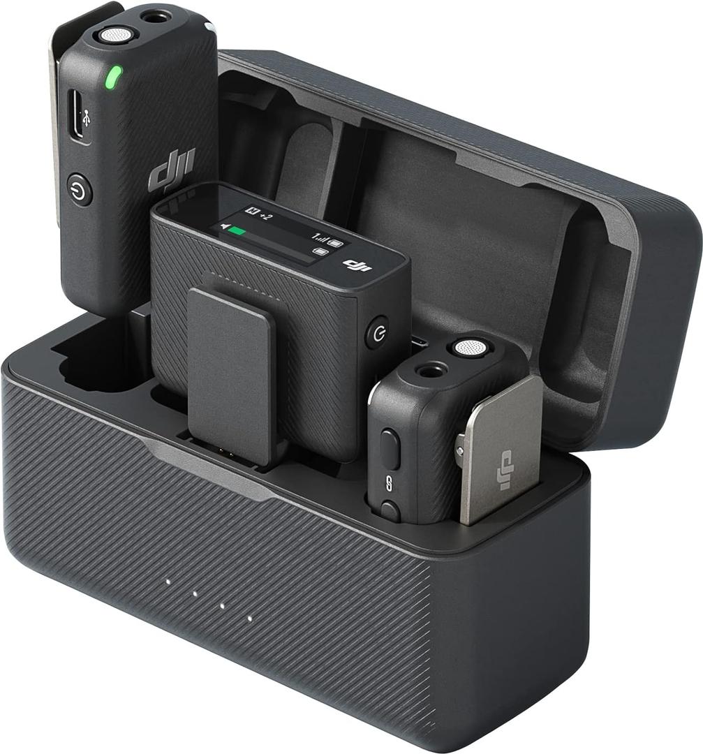 DJI Mic (2 TX + 1 RX + Charging Case), Wireless Lavalier Microphone, 250m (820 ft.) Range, 15-Hour Battery, Noise Cancellation Wireless Microphone for PC, iPhone, Record Interview, YouTube, Black
