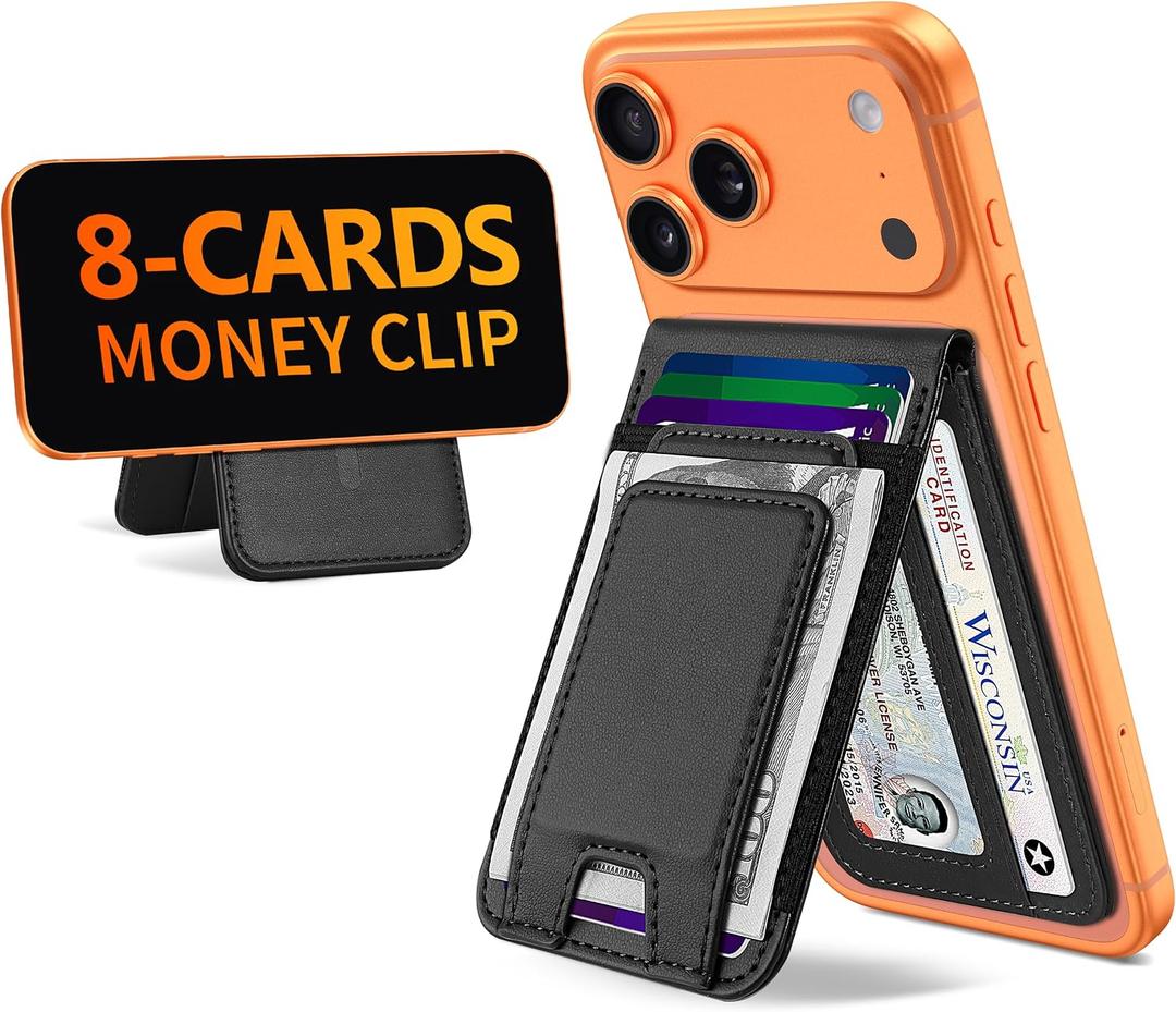 TopMade for MagSafe Wallet with Money Clip, Strongest Magnetic Card Holder for iPhone 17/16/15/14/13/12 Series, for iPhone Wallet with Adjustable Stand, ID Window, RFID Blocking, Black