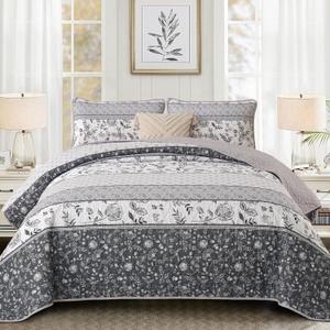 WONGS BEDDING Boho Floral Quilt Set King Size, Grey Striped Patchwork Bedspread Coverlet Set, Soft Farmhouse Floral Bedding Set for All Season (104"x90")