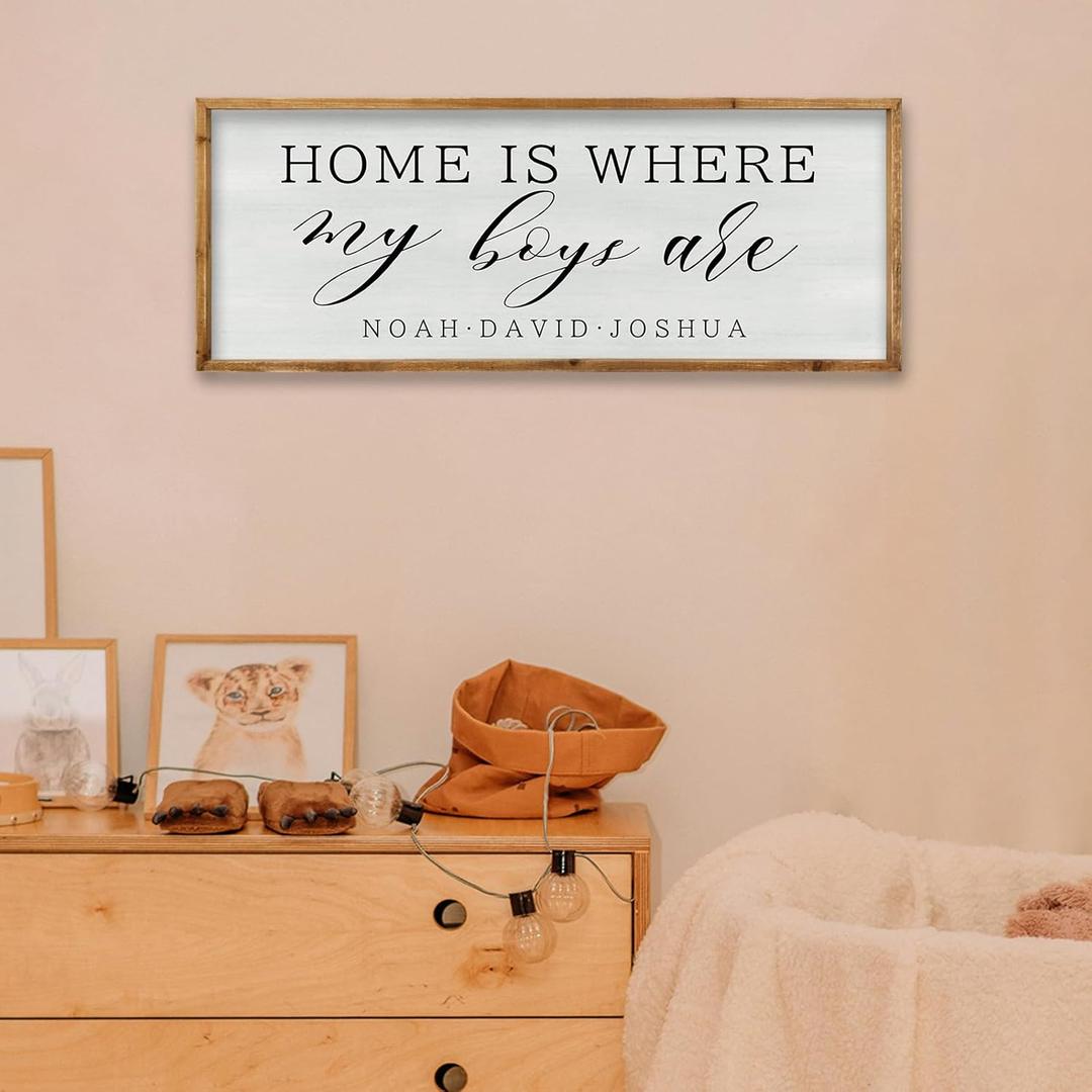 ZZJJHYWGQ Home is Where My Boys are Sign 32"12" for Children's Room Bedroom Above Bed Wall Decor New Mom Gifts Mother's Day Decor Art (Wood)